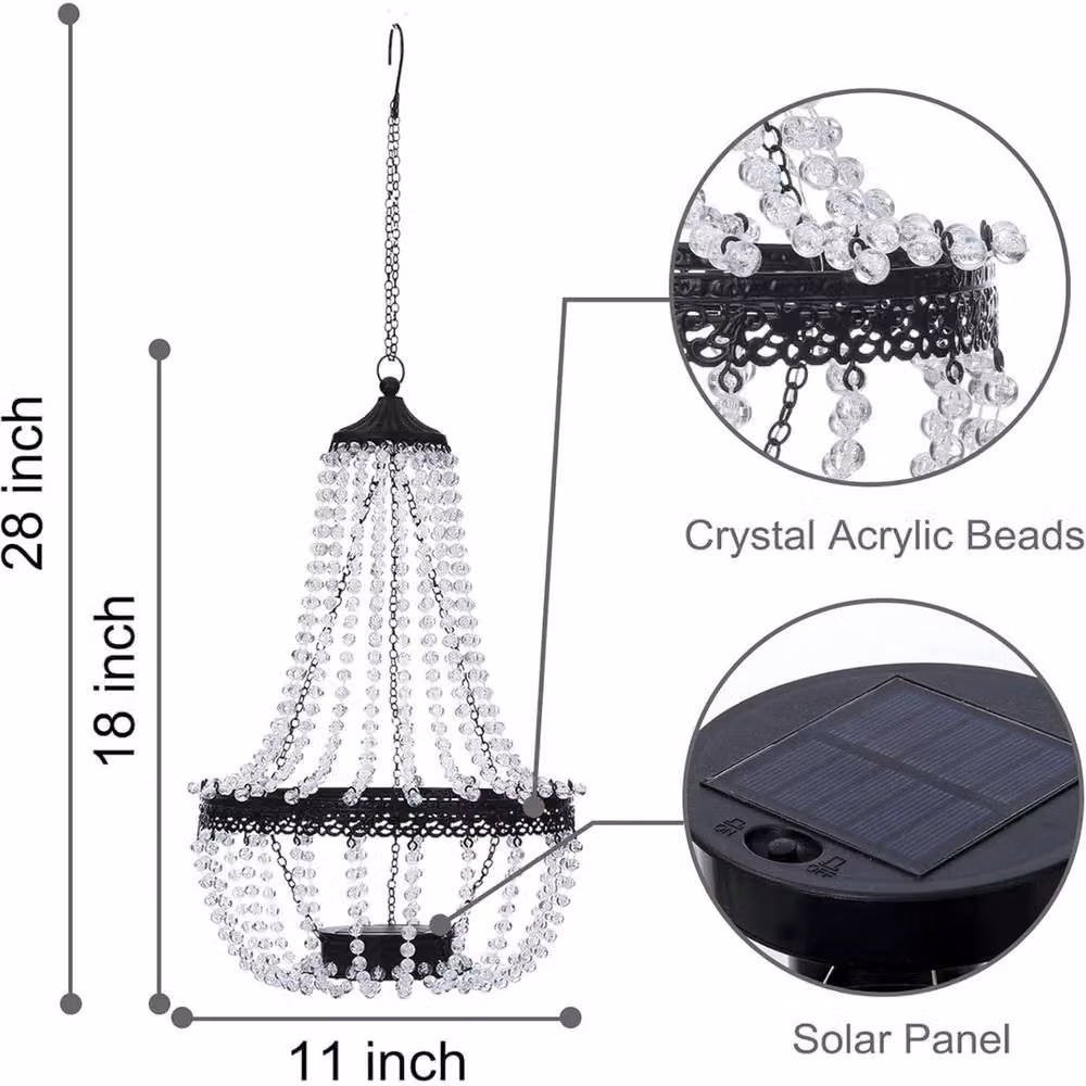 NESTLUNE Solar Powered LED Acrylic Crystal Chandelier Light with Dusk Sensor in Transparent and Black – 2