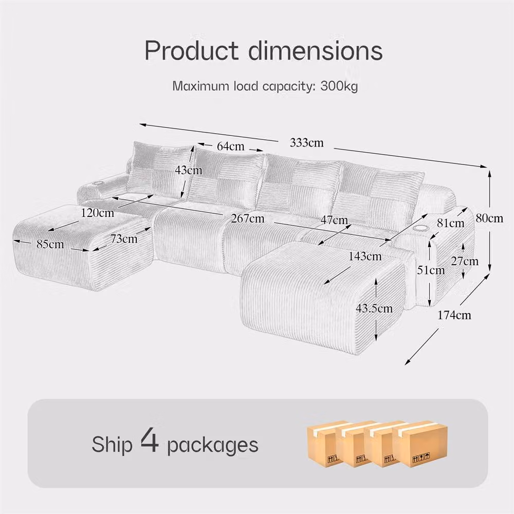 Direct Wicker 4-Seater Modular Cord Sofa with 2 Ottomans, Cup Holders and Storage in Light Grey – 3
