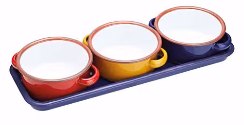 KitchenCraft World of Flavours Enamel Serving Dishes and Tapas Bowls with Tray, Multi-Colour (Set of 3)