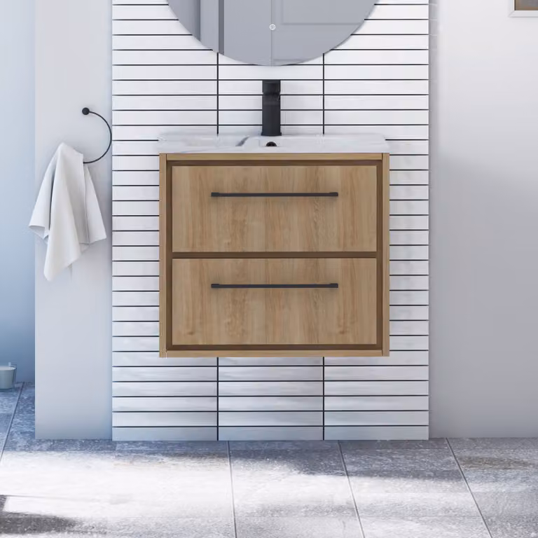 Livora Natural Oak Wall Hung Vanity Unit with Carrara White Basin and Matt Black Handles