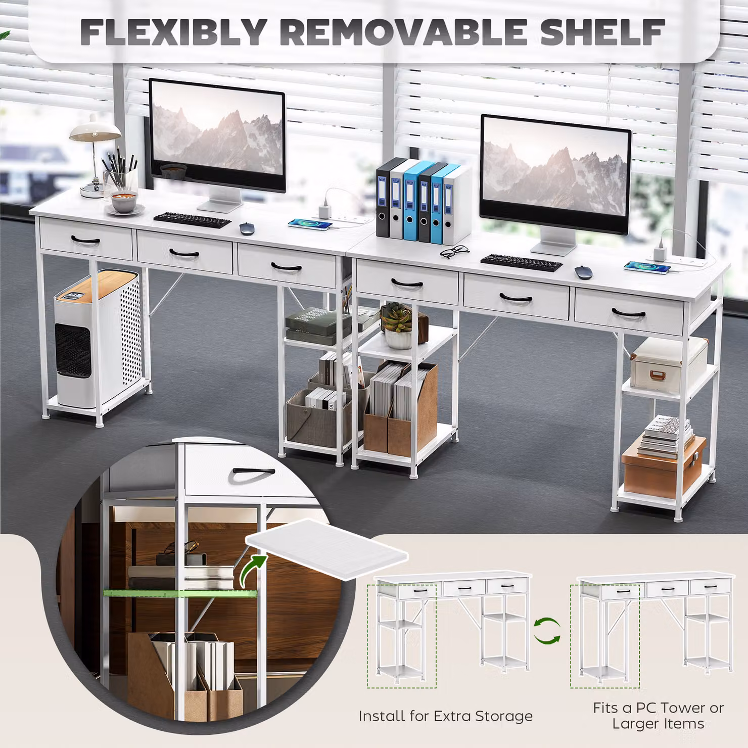 HOMCOM White Computer Desk with Power Outlets, 3 Fabric Drawers and 4 Storage Shelves, W: 120 cm, H: 76 cm, D: 60 cm – 3