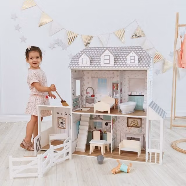 Teamson Kids 2-Story Wooden Farmhouse Dollhouse in White and Grey with 12 Accessories