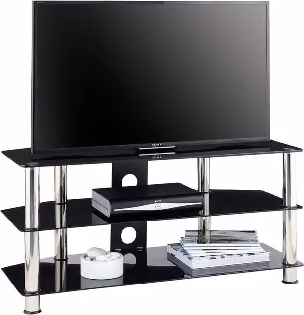 FORGEVIO Black Glass Modern TV Stand with 3 Shelves, Width: 105 cm – 1