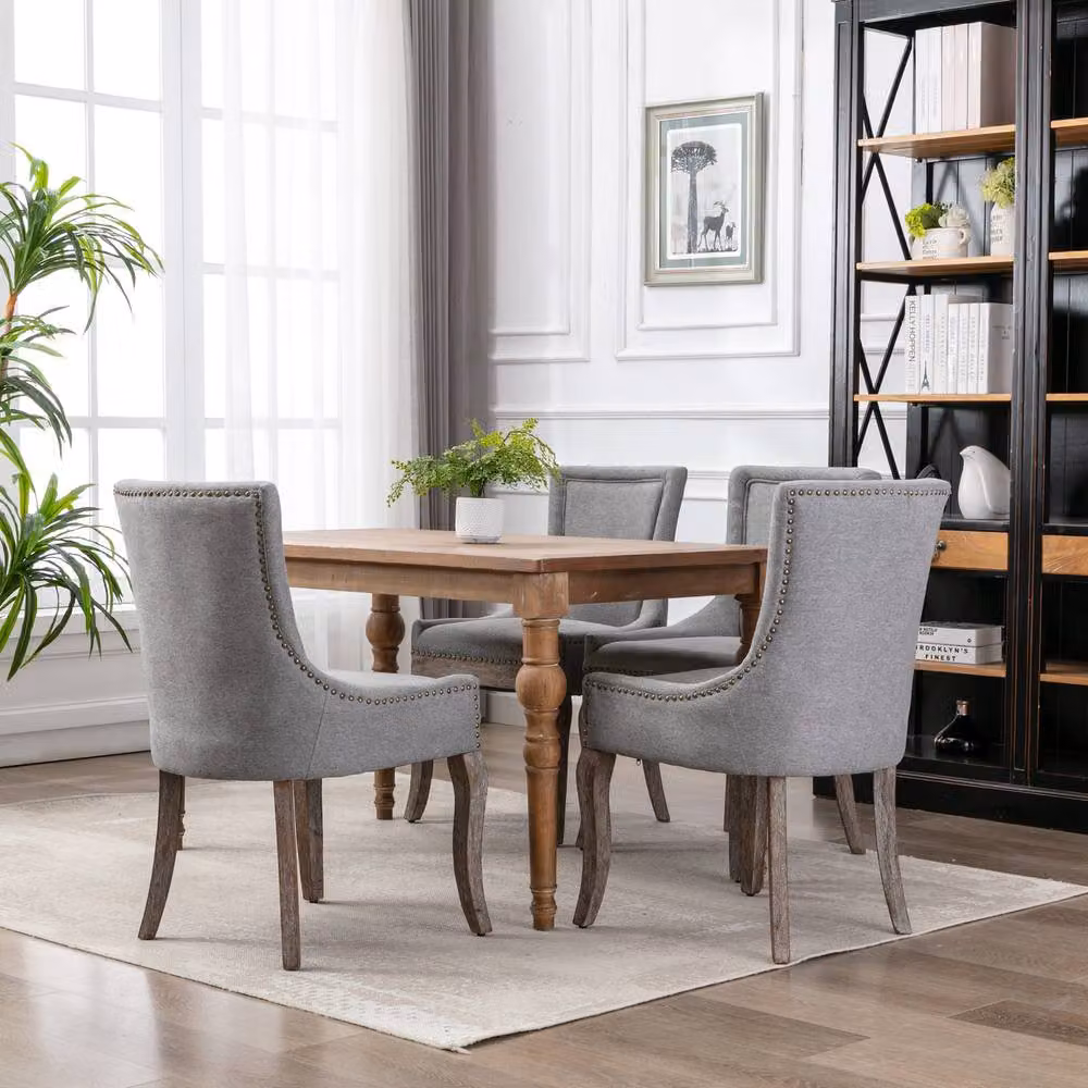 HomeTouch Set of 6 Bewley Plush Linen Upholstered Dining Chairs in Grey with Oak Wood Legs – 3