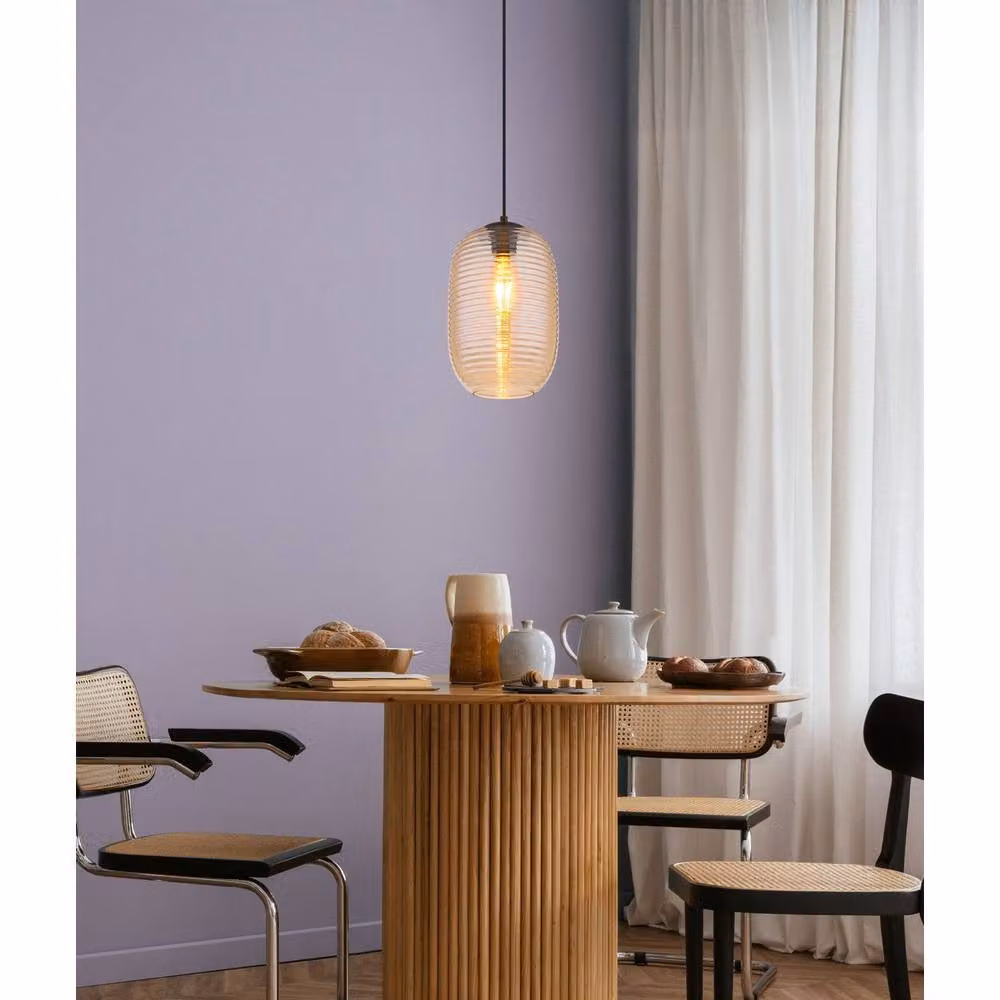 Netlighting Jefrey Slim Pendant Ceiling Light with Matt Black Metal and Amber Glass Shade, E27, H 120 cm x W 20 cm x D 20 cm – 3