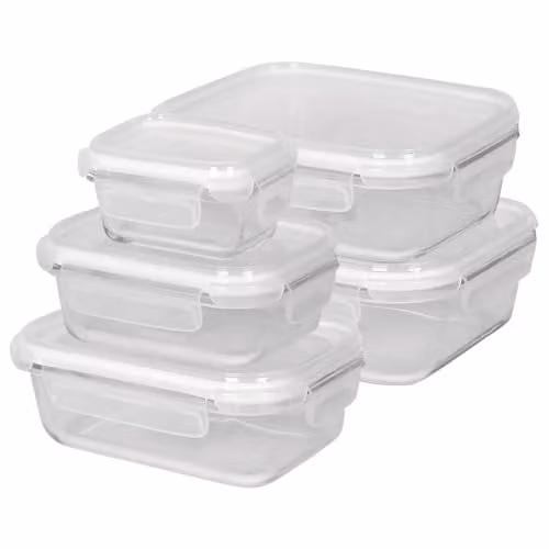 Harbour Housewares 5-Piece Glass Food Storage Container Set with Clip Lids in Transparent and White – 1