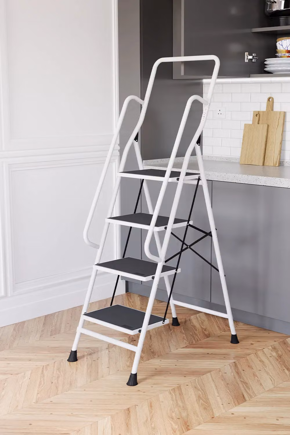 Home Discount Vida 4 Step Folding Ladder with Handrail and Anti-Slip Mat in White – 3