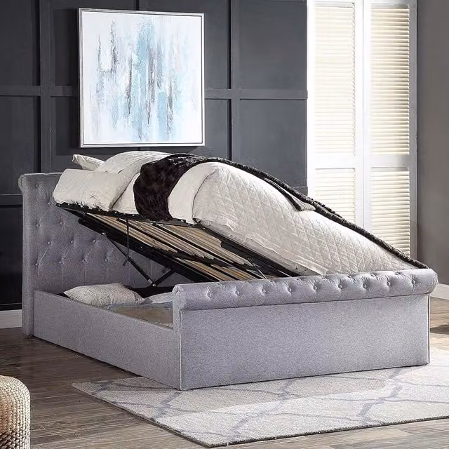 Home Treats Grey Upholstered Sleigh Ottoman Storage Bed with Hybrid Mattress, Small Double, W/D/H: 120 x 200 cm