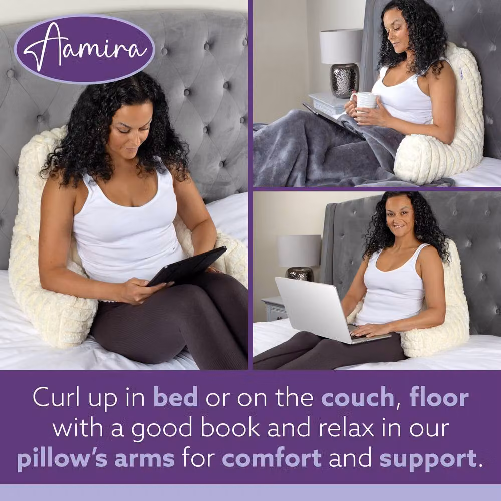 Aamira Beige Faux Fur Ribbed Memory Foam Wedge Reading Pillow Support Cushion – 3