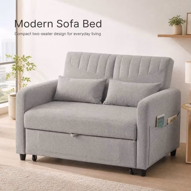 STILVORA 2-Seater Modern Pull-Out Sofa Bed in Grey Fabric with Scatter Cushions – 1