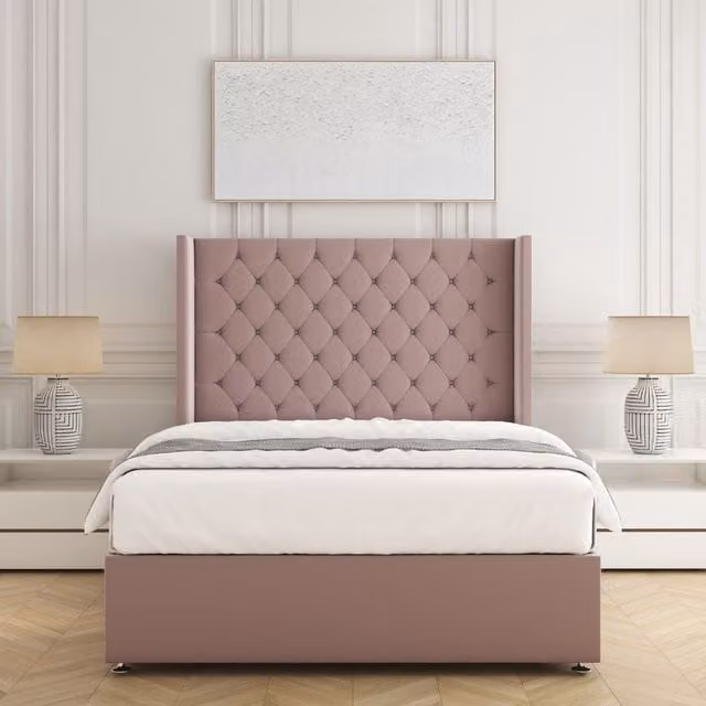 BSSPOKE Winchester Single Divan Bed Set with 54 inch Headboard and Mattress in Pink Plush Velvet, W/D/H: 90 x 190 cm