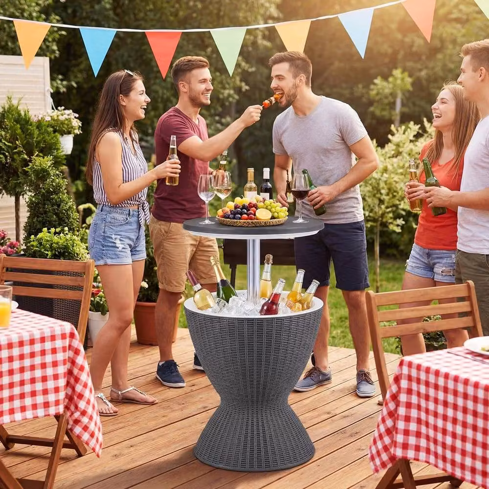 Hinsinc 30L Grey Rattan Patio Cooler Bar Table with Extendable Top – 4