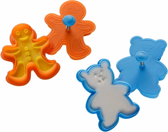 Orsina Gingerbread Man Cookie Cutters and Stamps Set in Blue and Orange