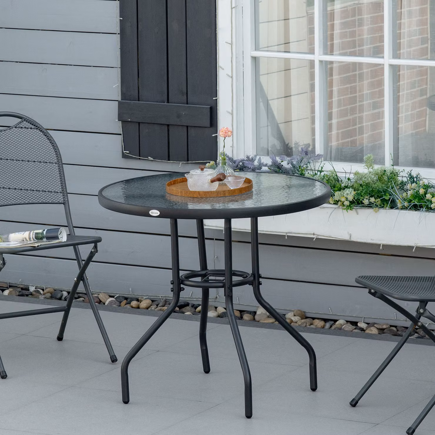 Outsunny Round Garden Dining Table with Tempered Glass Top and Parasol Hole, Black – 2