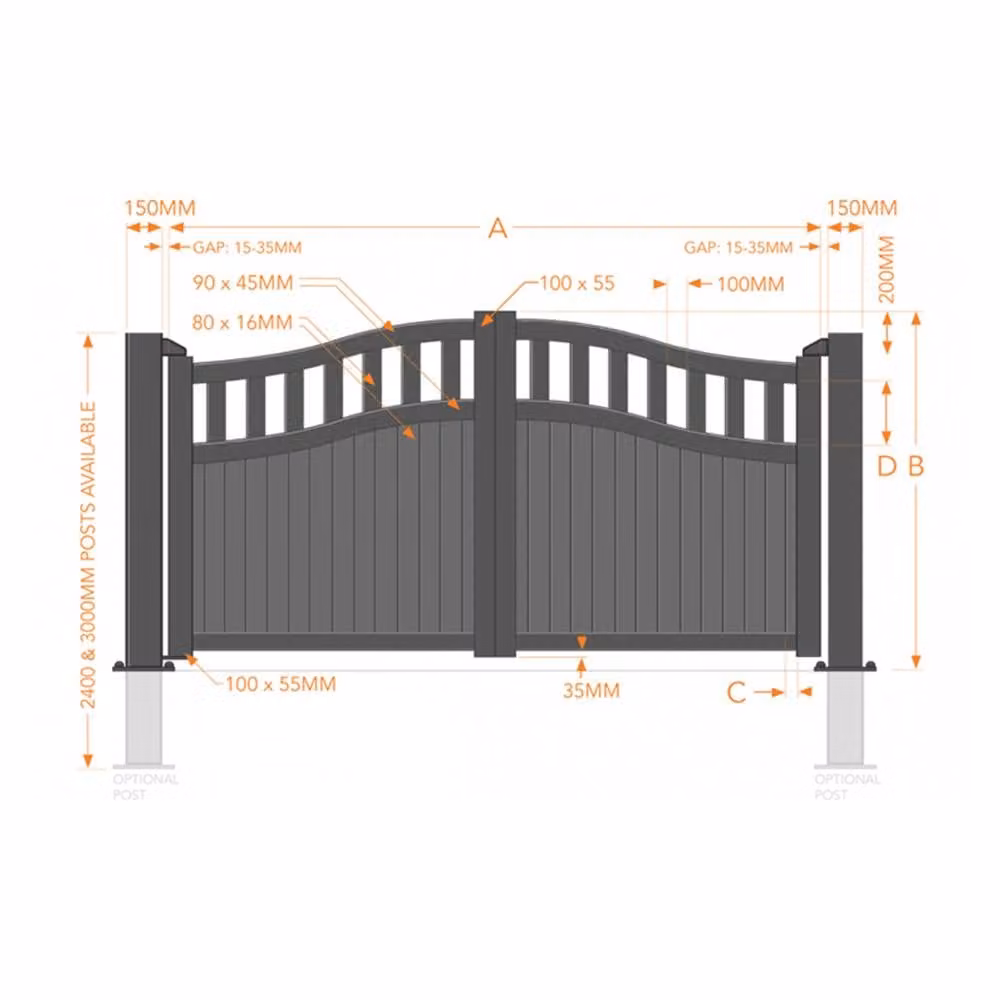 Ready Made Double Swing Gate in Grey with Vertical Solid Infill and Bell, W: 350 cm, H: 220 cm – 2