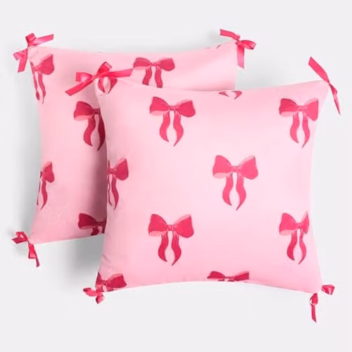 OHS Pink Matte Velvet Bow Print Decorative Square Cushion Covers, Set of 2, W/D/H: 45 x 45 x 45 cm – 1