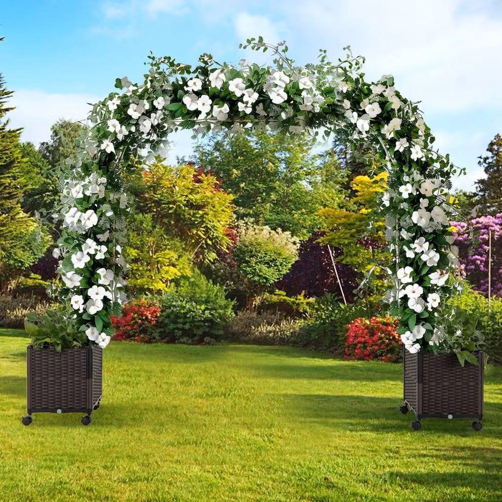 Gymax Brown Metal Garden Arch Trellis Rolling Arbor Archway with 2 Planter Boxes, Height: 288 cm – 4