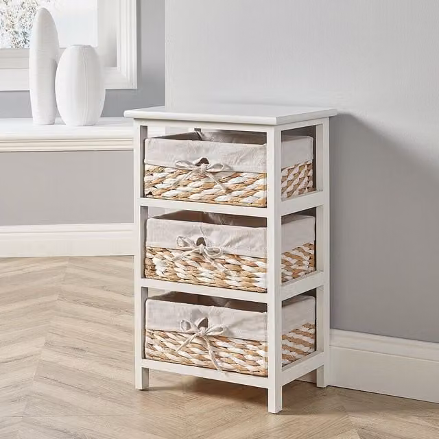 Home Source White Wooden Storage Chest with 3 Wicker Basket Drawers – 1