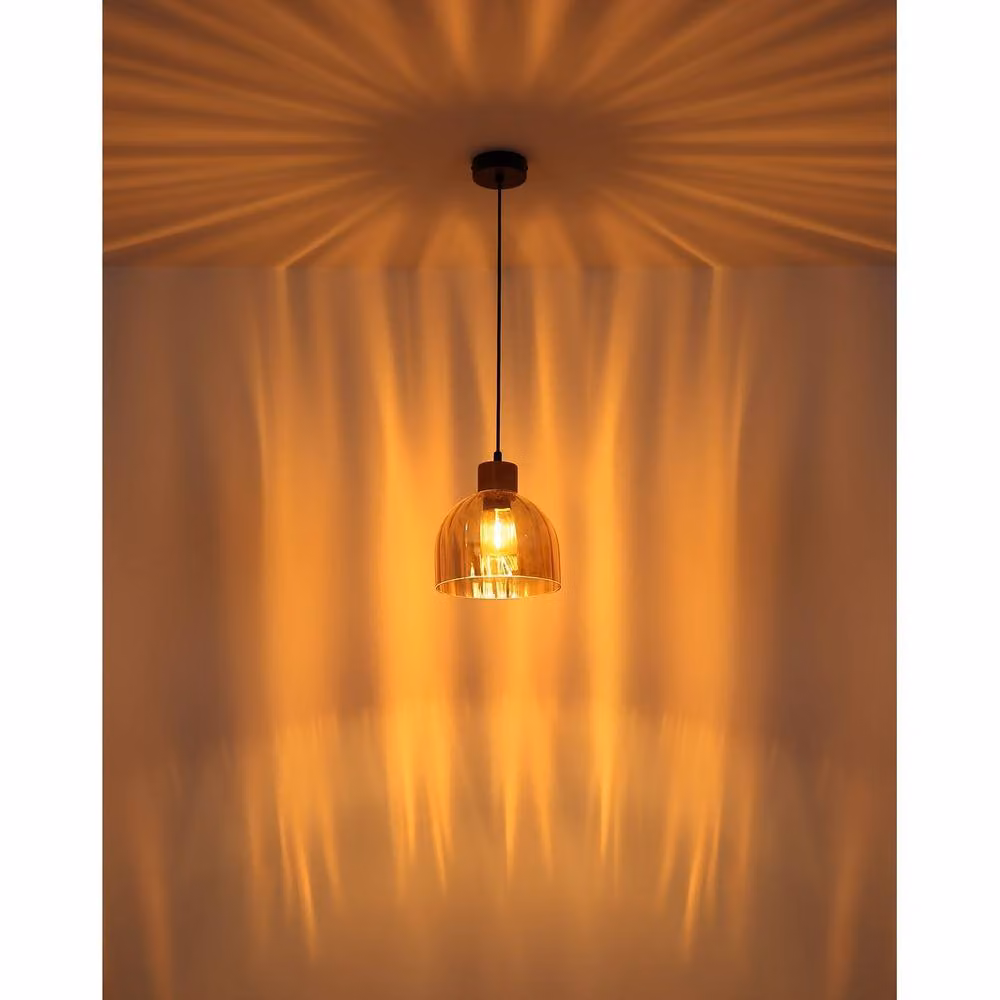 Globo Lighting Vintage Dome Pendant Light in Black Matt Metal and Brown Wood with Amber Glass, Diameter: 20 cm, Height: 120 cm – 3