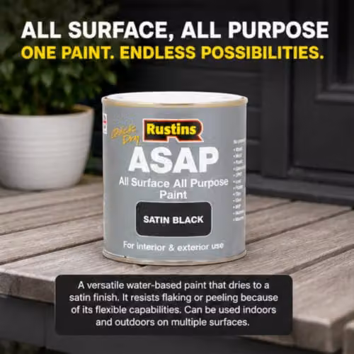 Rustins ASAP Quick Dry All Surface Water-Based Satin Paint, Black, 250ml – 3