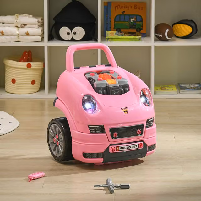 HOMCOM Kids Truck Engine Toy Set Toddler Educational Car Service Station Playset, Pink