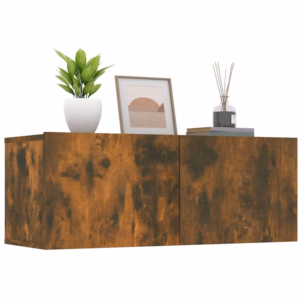 Berkfield Home Set of 2 Smoked Oak Wall Mounted TV Cabinets in Brown, W/D/H: 80 x 30 x 30 cm – 3
