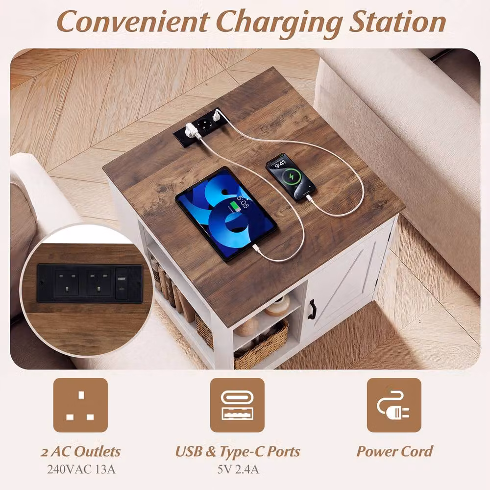 Costway Farmhouse Wooden Nightstand with Charging Station in White – 4