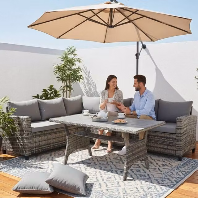 BIRCHTREE 5 Seater L-Shaped Corner Rattan Patio Furniture Set in Grey