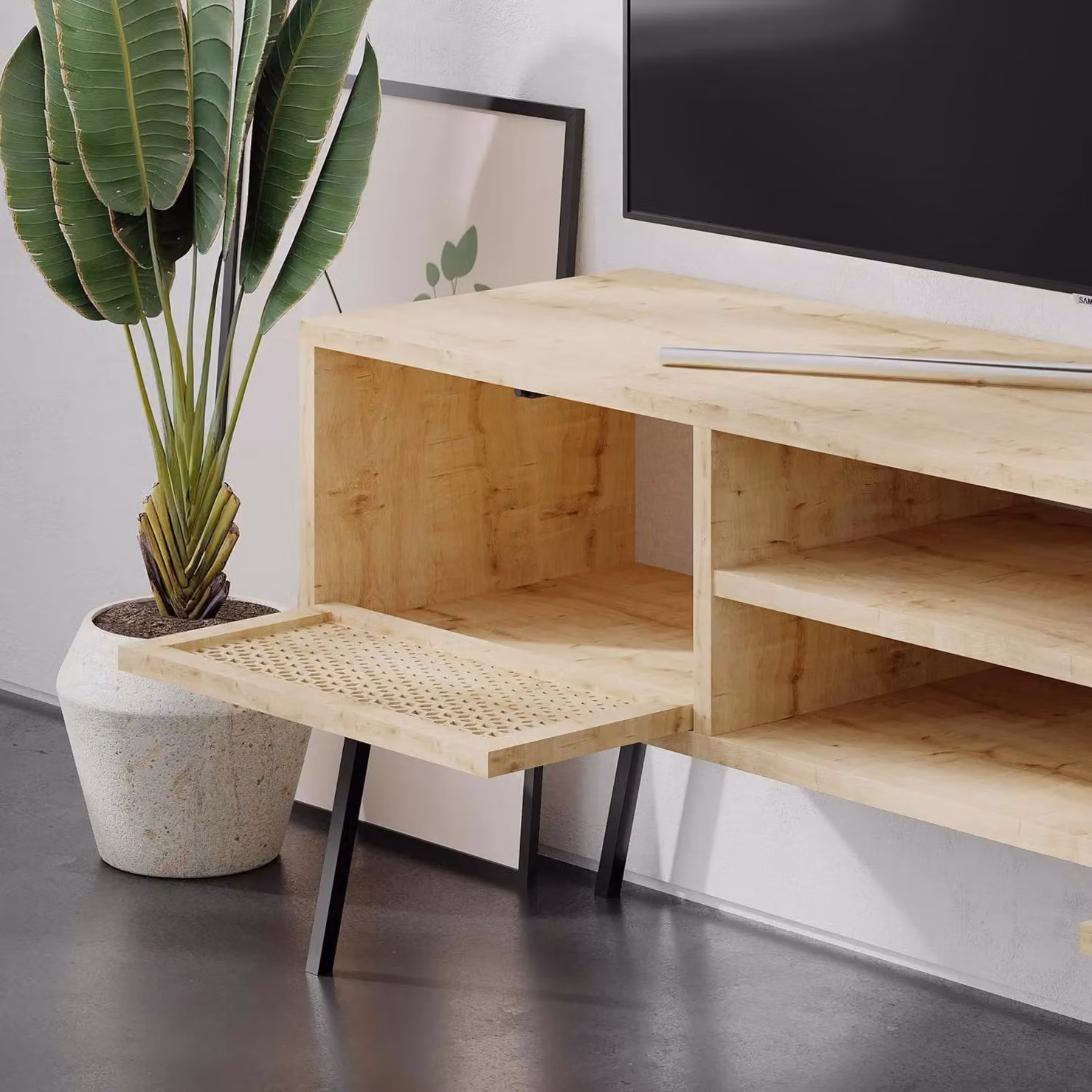 FWStyle Oak Effect TV Unit in Brown with Push To Open Design – 2