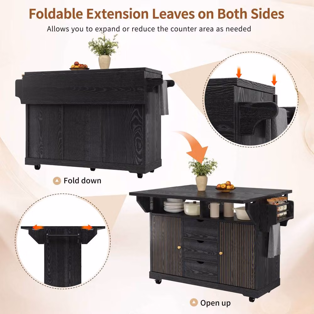 Merax Fluted Drop Leaf Kitchen Island Mobile Storage Trolley Cabinet in Black, W/D/H: 142.5 x 40.0 x 95.0 cm – 6