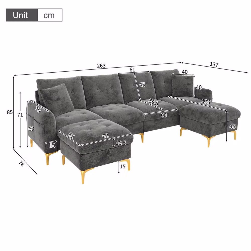 Merax Reversible U-Shaped Modular Corner Sofa in Grey Fabric with 2 Matching Storage Ottomans and Gold Metal Legs – 2