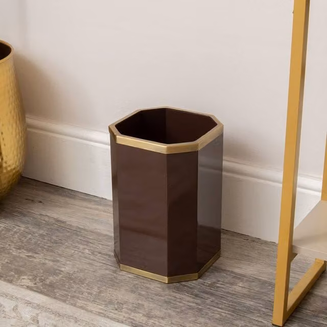 Melody Maison Hexagonal Wooden Waste Paper Bin in Chocolate Brown and Gold