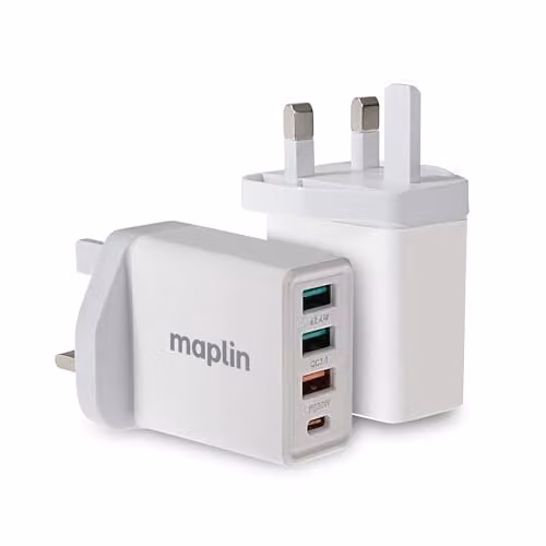 Maplin 4 Port USB Wall Charger with 3x USB-A and 1x USB-C PD QC 3.0 32W High Speed, White