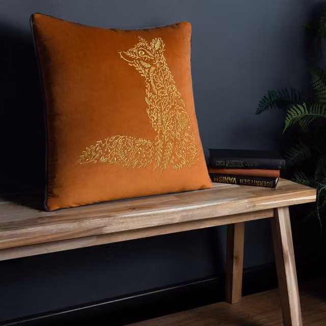Furn Forest Fauna Embroidered Woodland Fox Velvet Cushion in Orange and Gold, W/D/H: 50 x 50 x 50 cm – 5