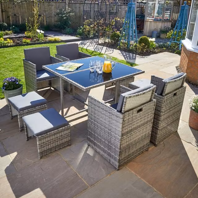 Home Source Pebble 9 Piece Rattan Cube Garden Furniture Set in Grey and Black