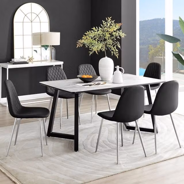 FurnitureboxUK Carson White Marble Effect Dining Table and 6 Corona Silver Faux Leather Chairs in Black