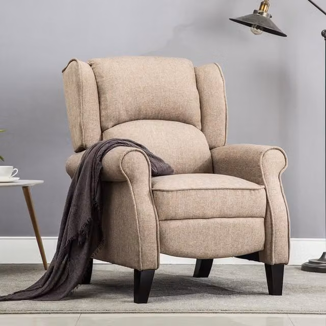 More4Homes Eaton Wing Back Fireside Herringbone Fabric Pushback Recliner Chair in Cream and Beige