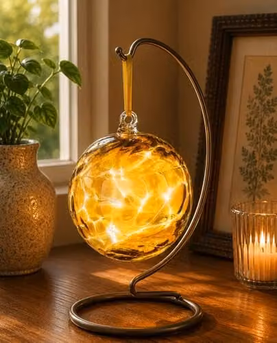 Sienna Glass Topaz Friendship Ball Hanging Glass Ornament in Amber and Yellow, 10 cm