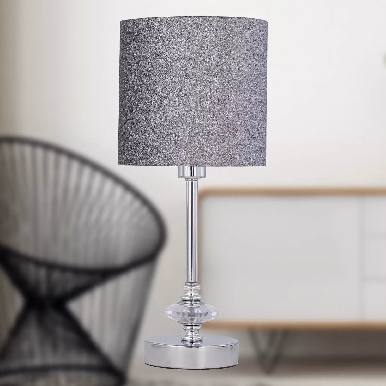 First Choice Lighting Chrome Jewelled Table Lamp with Silver Glitter Shade – 4