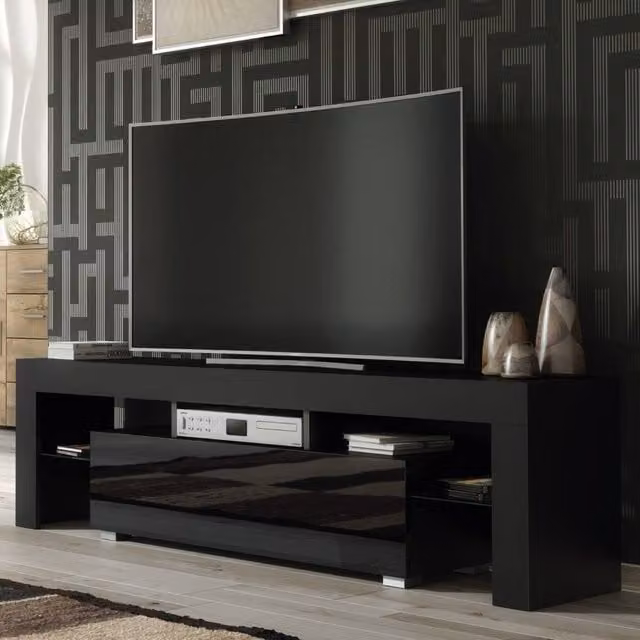 Mex Furniture LTD Aria Modern Glossy TV Unit in Black, W/D/H: 160 x 35 x 45 cm – 1
