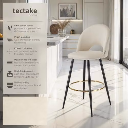 tectake Set of 6 Modern Bar Stools with Velvet-Look Covers and Metal Legs in Black and Gold – 3