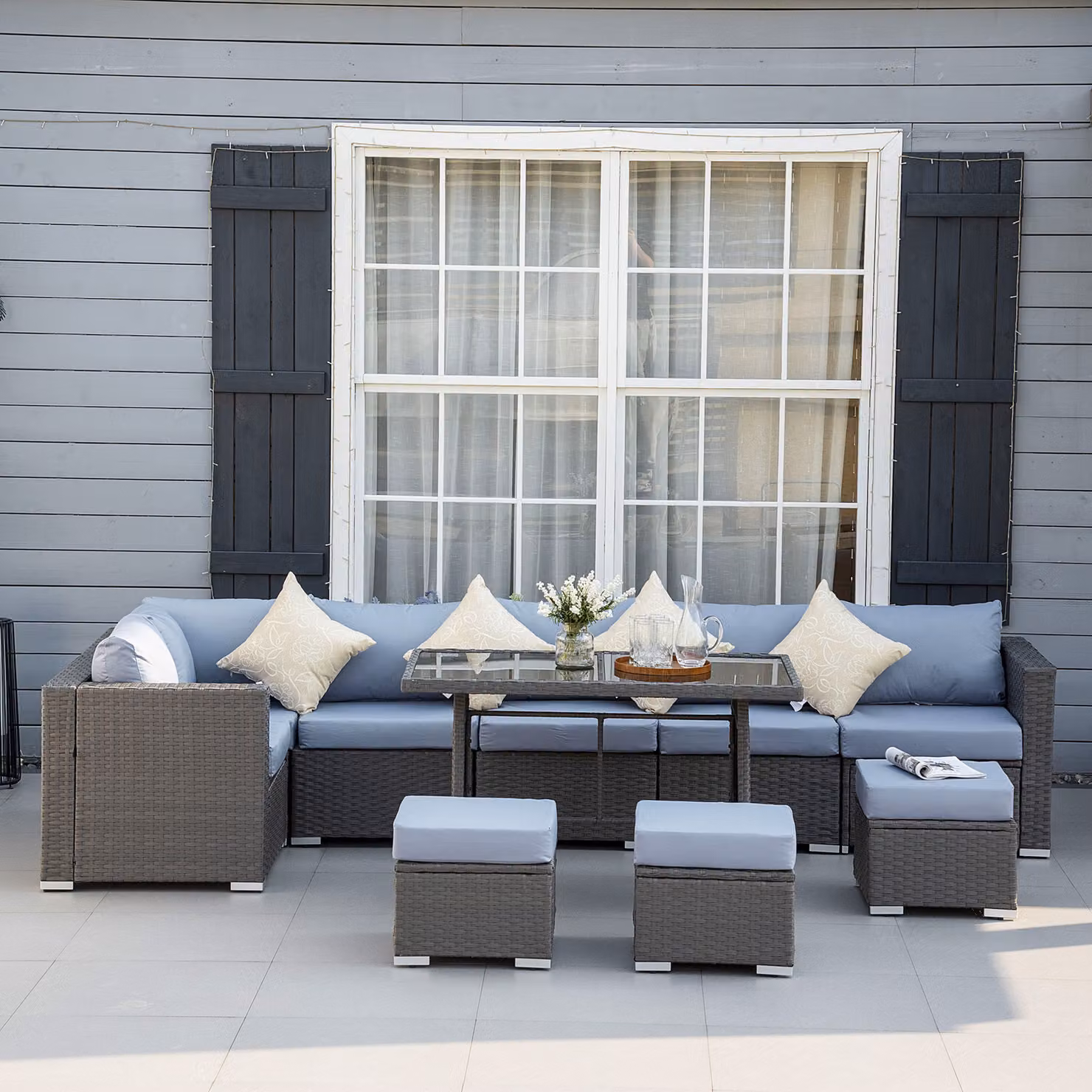 Outsunny 10-Piece Grey Rattan Corner Dining Sofa Set with Cushions and Glass Coffee Table – 2