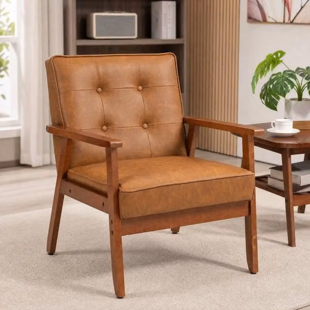 STILVORA Retro Armchair with Brown PU Leather Upholstery and Solid Rubberwood Frame