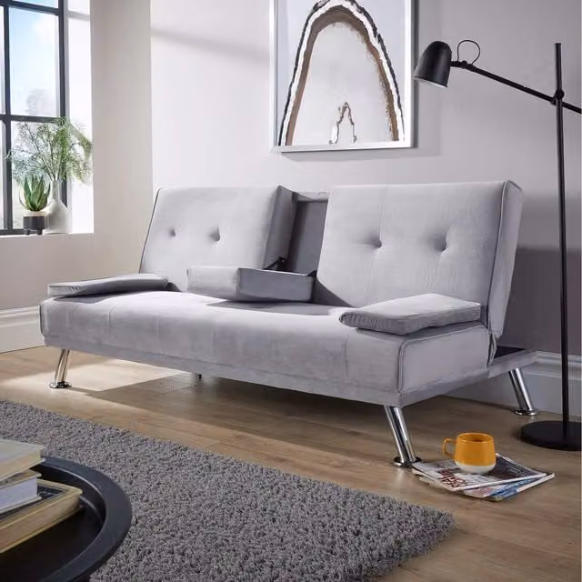 Home Source Luna Grey Velvet Upholstered Sofa Bed with Sleeping Function