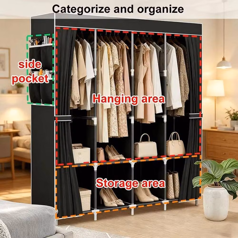 PAWNORA Black Canvas Wardrobe with Hanging Rail and Internal Shelves – 2