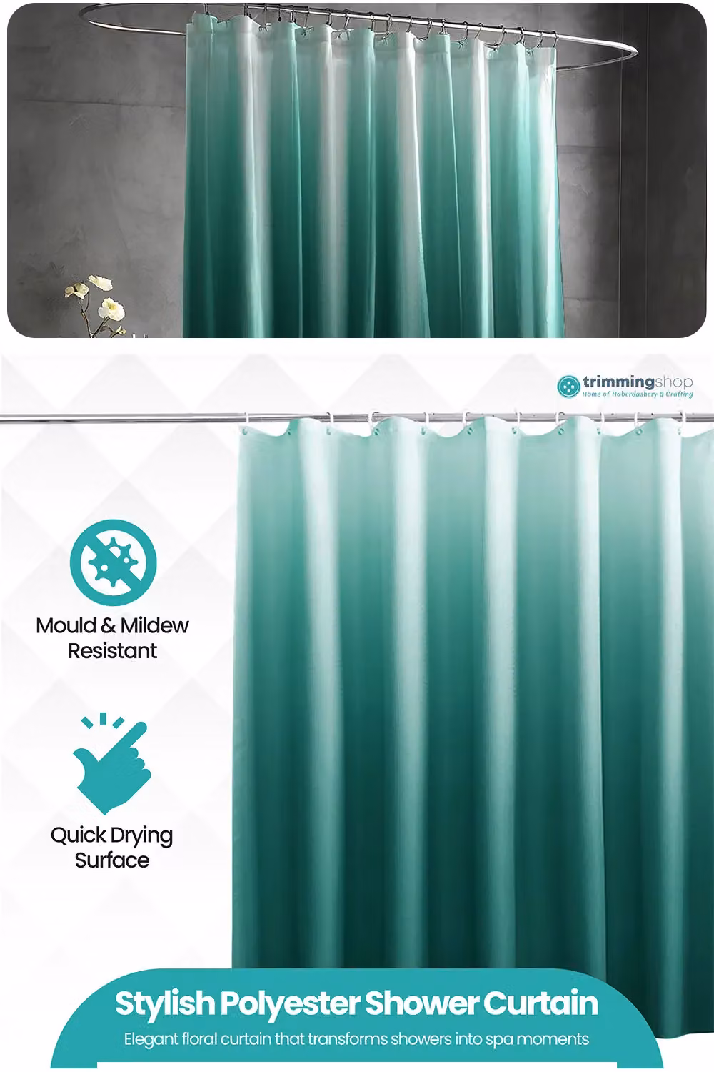 Neel Blue Gradient Colour Bathroom Shower Curtain in Blue and Green with 12 Hooks, Mould Resistant, W: 180 cm, H: 200 cm – 3