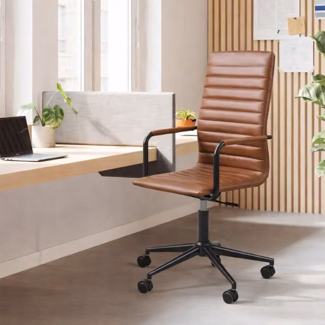 Furniture To Go Winslow Swivel Task Chair in Brown Synthetic Leather with Adjustable Height and Armrests – 1
