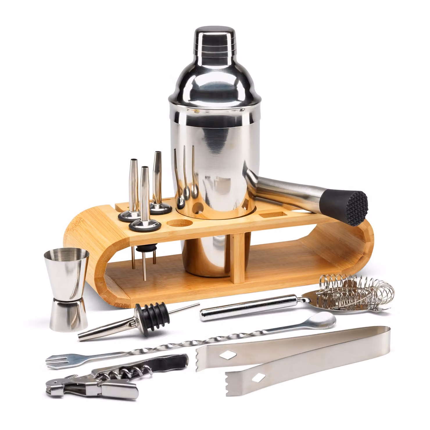 Menkind Connoisseur Creations 12-Piece Cocktail Set with Stainless Steel Shaker and Wood Base in Clear and Silver – 2