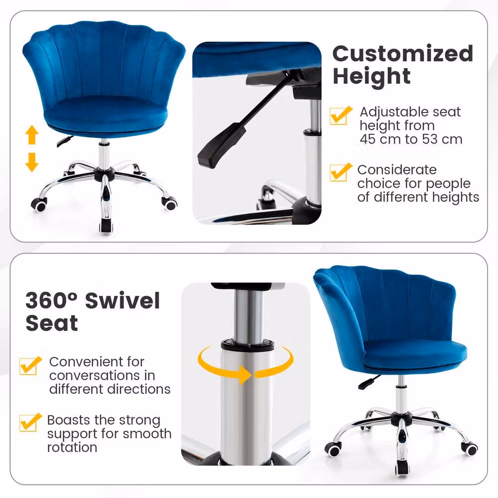 Costway Modern Blue Velvet Upholstered Rolling Accent Chair with 360 Degree Swivel and Armrests – 3