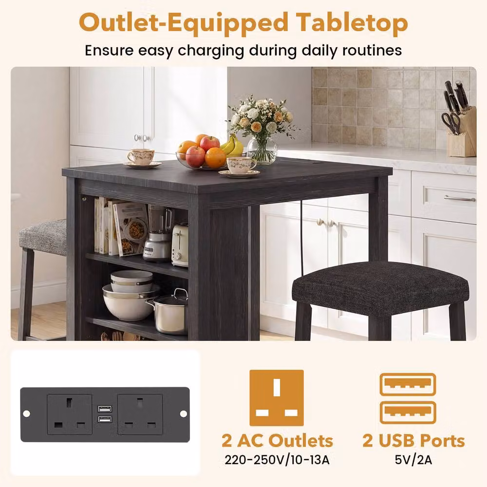 Costway 3-Piece Bar Table Set with 2 Stools and Power Outlet in Black – 5
